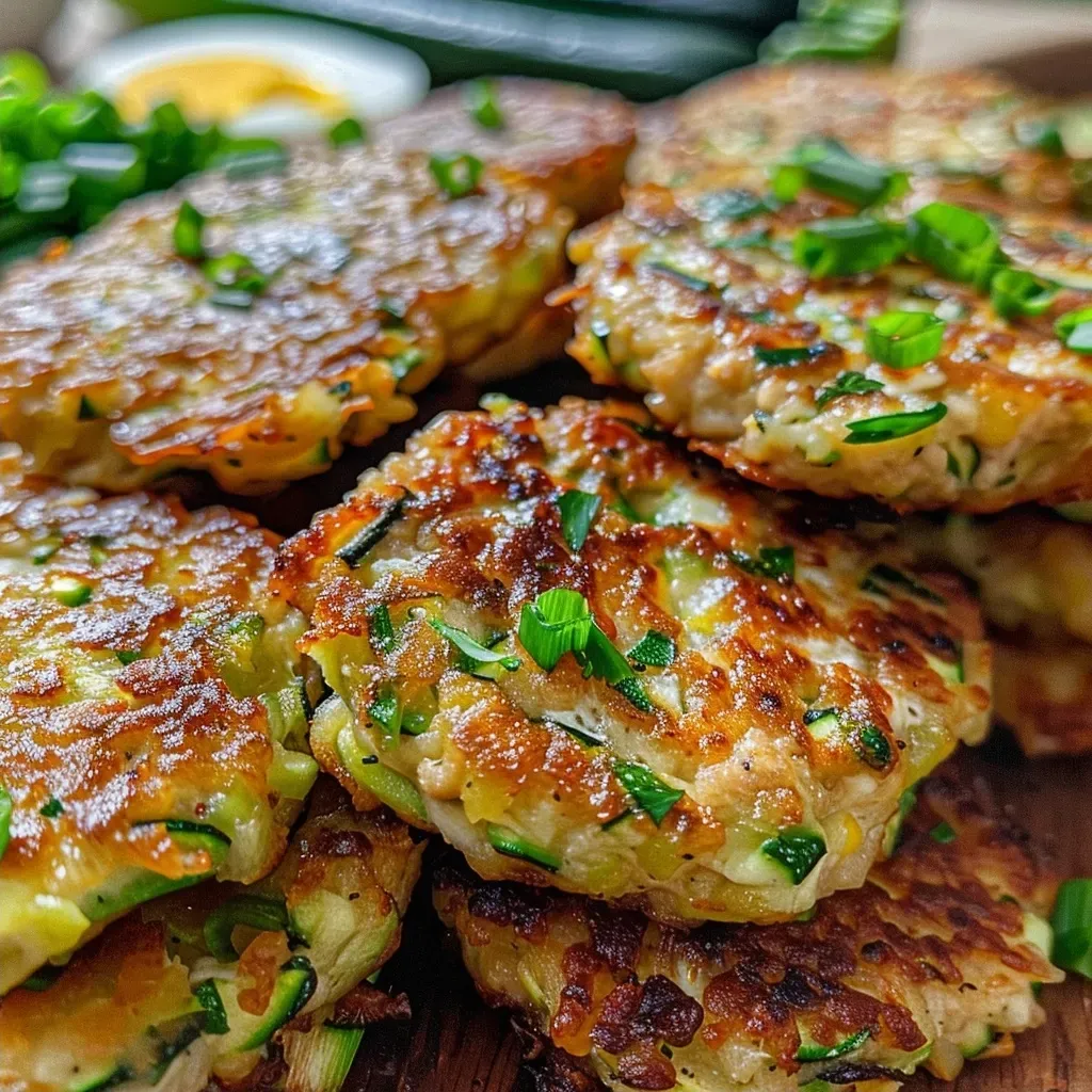 ['Juicy zucchini chicken fritters stacked on a plate, garnished with green onions and parsley.', 'Close-up view of golden-brown zucchini chicken fritters with visible shredded cheese and herbs.', 'Side angle of freshly cooked zucchini chicken fritters served on a rustic wooden table.', 'Delicious zucchini chicken fritters with a crispy exterior, decorated with sliced green onions on top.']