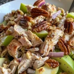 A close-up view of a vibrant Apple Pecan Chicken Salad in a bowl, featuring chunks of chicken, apple, and pecans.