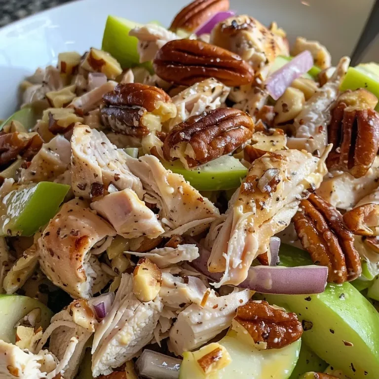 A close-up view of a vibrant Apple Pecan Chicken Salad in a bowl, featuring chunks of chicken, apple, and pecans.
