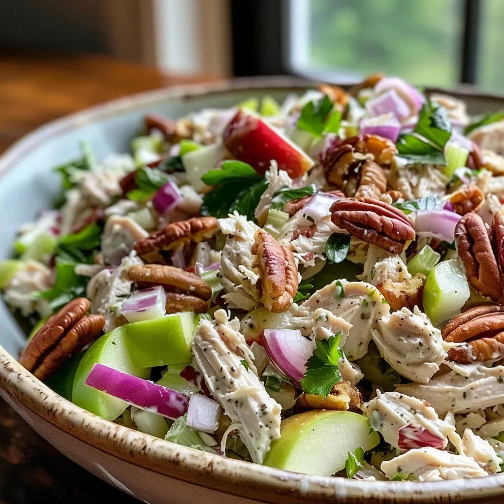 Side view of a colorful Apple Pecan Chicken Salad with visible ingredients like celery, red onion, and creamy dressing.