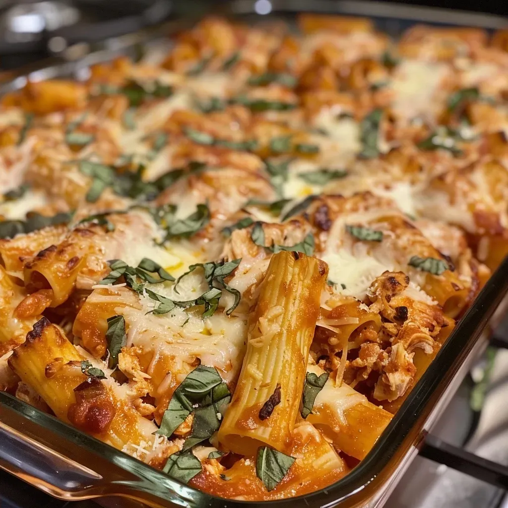 Side view of a creamy baked ziti dish topped with melted cheese.