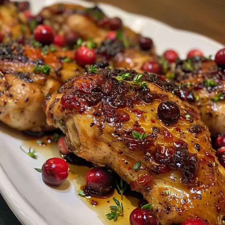 The Balsamic Cranberry Chicken That Will Warm Your Heart Close-up side view of juicy Balsamic Roasted Cranberry Chicken on a plate.