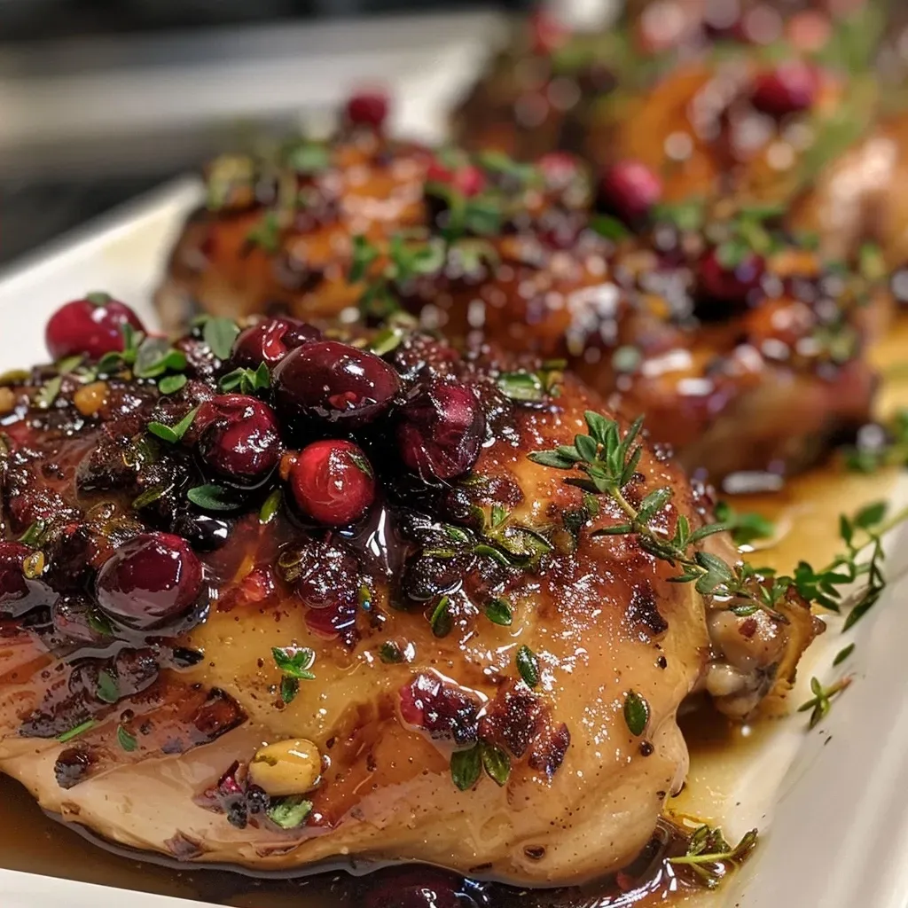 Deliciously glazed chicken thighs topped with fresh cranberries and herbs.