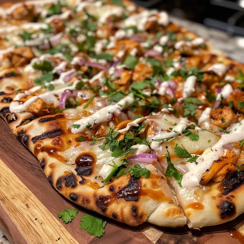 Side view of a juicy BBQ Ranch Chicken Flatbread showcasing shredded chicken and fresh herbs.