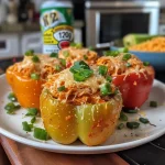 Side view of vibrant stuffed bell peppers filled with shredded buffalo chicken.