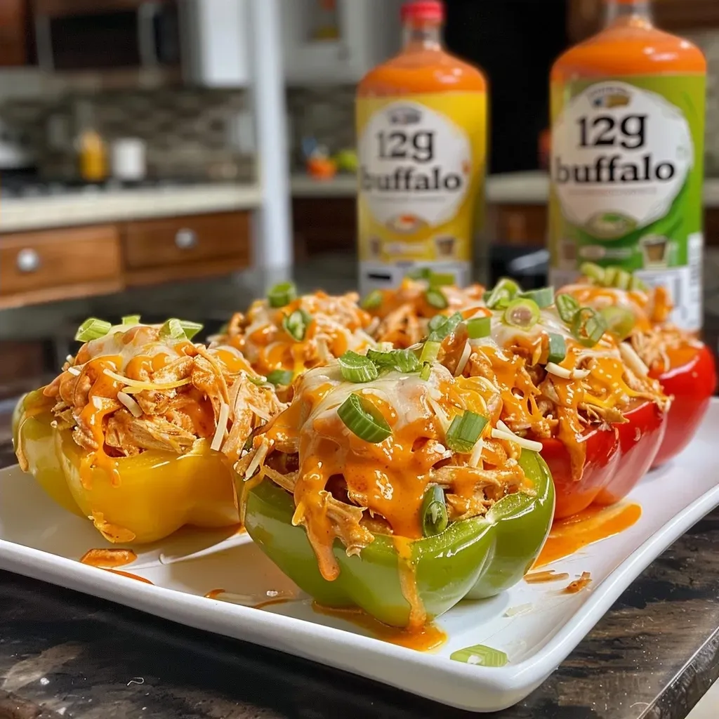 Close-up image of juicy buffalo chicken stuffed peppers on a plate.