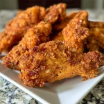 Golden-brown buttermilk fried chicken tenders arranged on a plate.