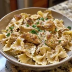 A close-up side view of a bowl of creamy Cajun Chicken Alfredo Pasta with colorful vegetables.