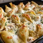 Close-up view of Chicken Alfredo Stuffed Shells filled with cheese and chicken.