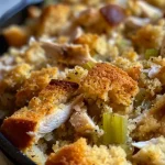 Close-up view of Chicken and Cornbread Dressing in a skillet, showcasing its golden-brown top.