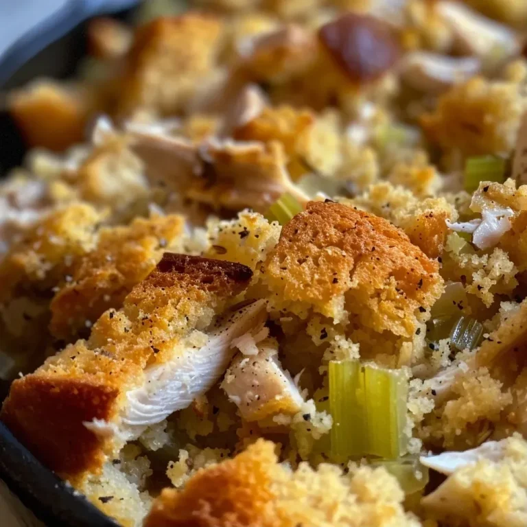 The Heartwarming Chicken and Cornbread Dressing That Feels Like Home Close-up view of Chicken and Cornbread Dressing in a skillet, showcasing its golden-brown top.