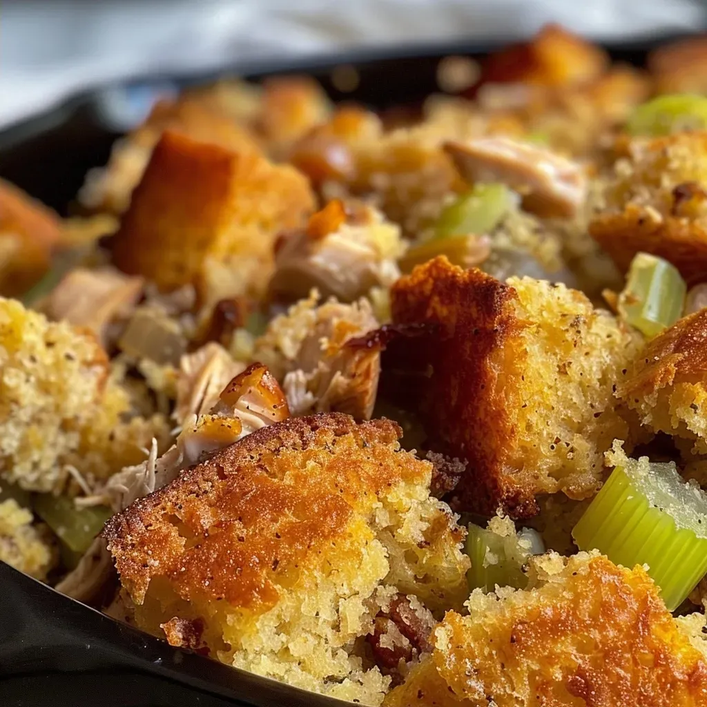 Side view of a delicious Chicken and Cornbread Dressing, highlighting its rich texture and color.