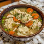 A close-up view of Chicken and Dumpling Soup with pieces of chicken, vegetables, and dumplings in a creamy broth.