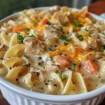 Juicy chicken pieces mixed with egg noodles and colorful vegetables in a creamy sauce.