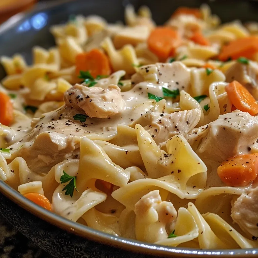 Close-up view of tender chicken and egg noodles coated in a rich, creamy broth.