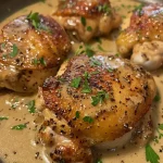 A side view close-up of juicy Chicken Au Poivre, showcasing its golden-brown crust and peppery sauce.