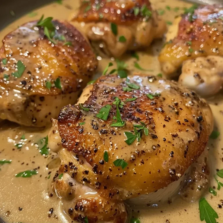 A side view close-up of juicy Chicken Au Poivre, showcasing its golden-brown crust and peppery sauce.