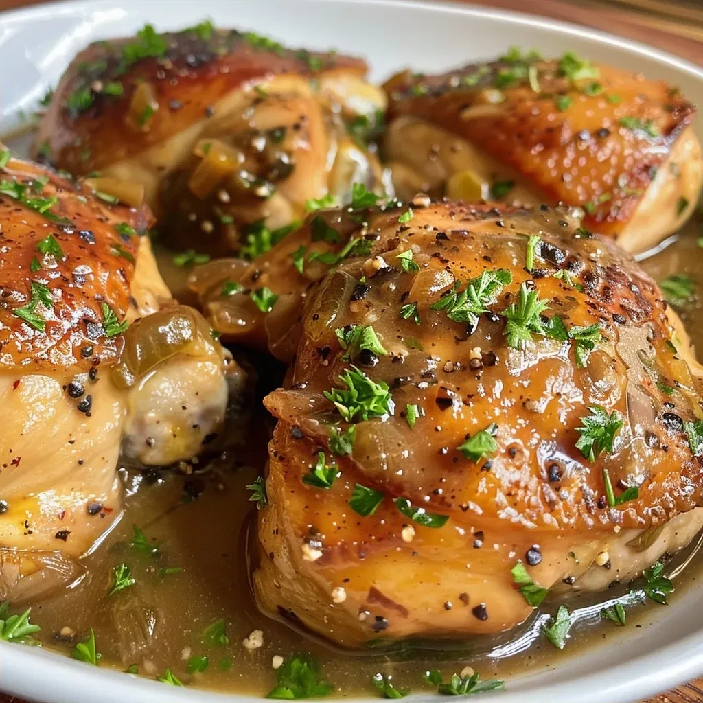 A detail shot of Chicken Au Poivre featuring succulent chicken thighs garnished with fresh parsley.