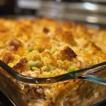 Close-up view of a Chicken & Dressing Casserole with a golden crust.