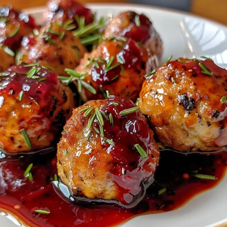 Juicy chicken meatballs coated in vibrant cranberry sauce, served in a bowl.