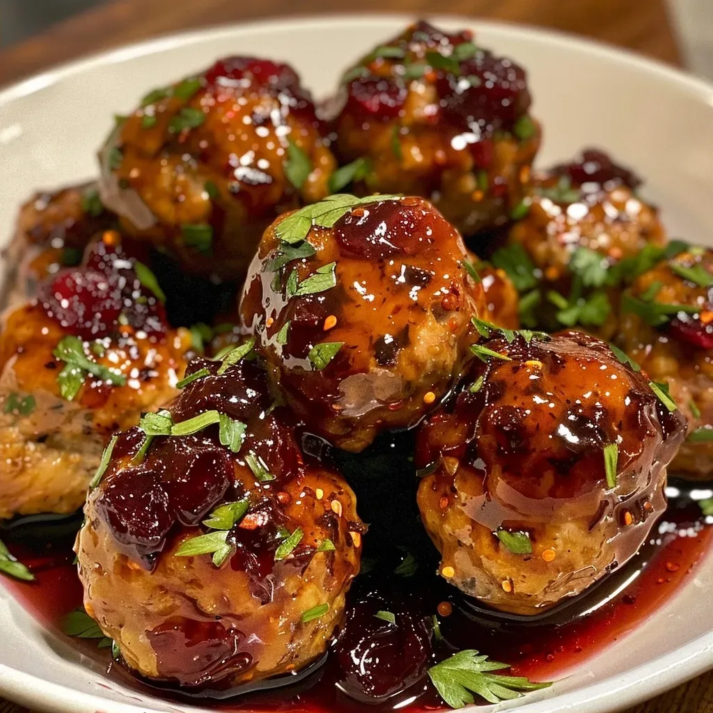 Close-up of tender chicken meatballs drenched in rich cranberry sauce, garnished with herbs.