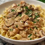 Close-up view of Chicken Mushroom Stroganoff served in a bowl with a creamy texture and garnished with parsley.
