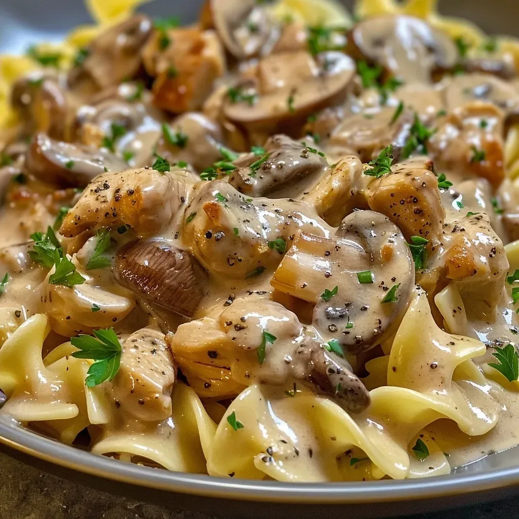 Side view of a wholesome Chicken Mushroom Stroganoff featuring tender chicken and mushrooms in a rich sauce.