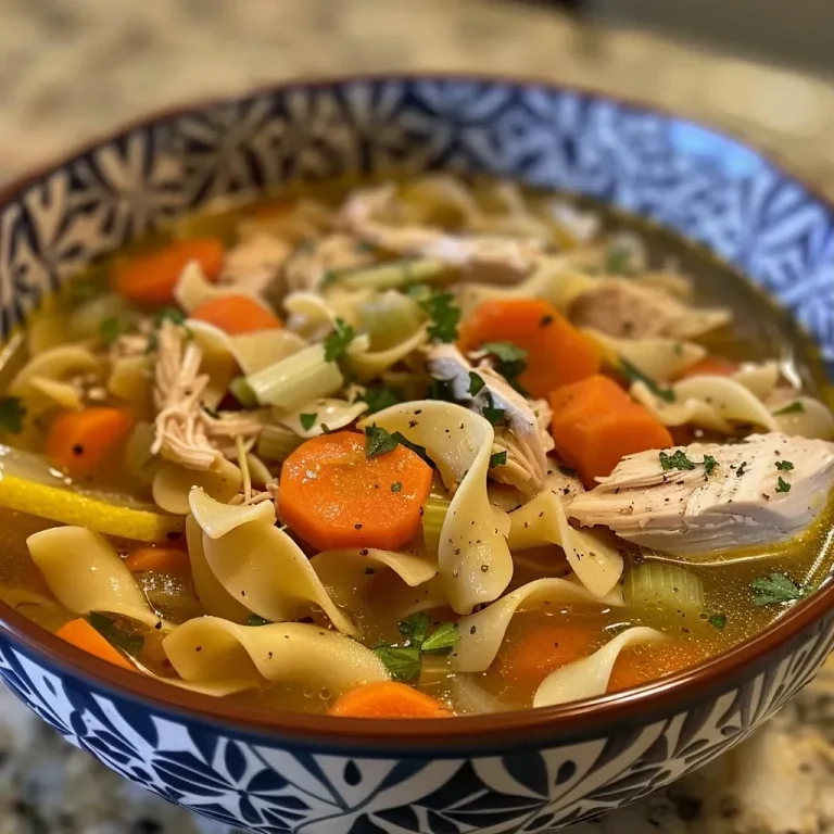 The Heartwarming Chicken Noodle Soup That Feels Like Home Close-up of a bowl filled with homemade Chicken Noodle Soup, showcasing colorful vegetables and tender chicken.