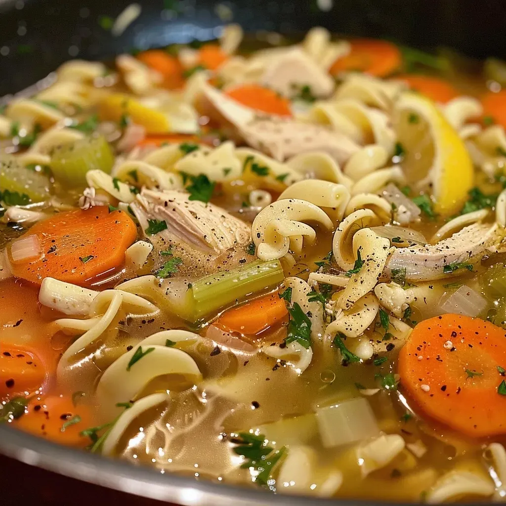Side view of a hearty Chicken Noodle Soup with noodles, carrots, and herbs in a white bowl.