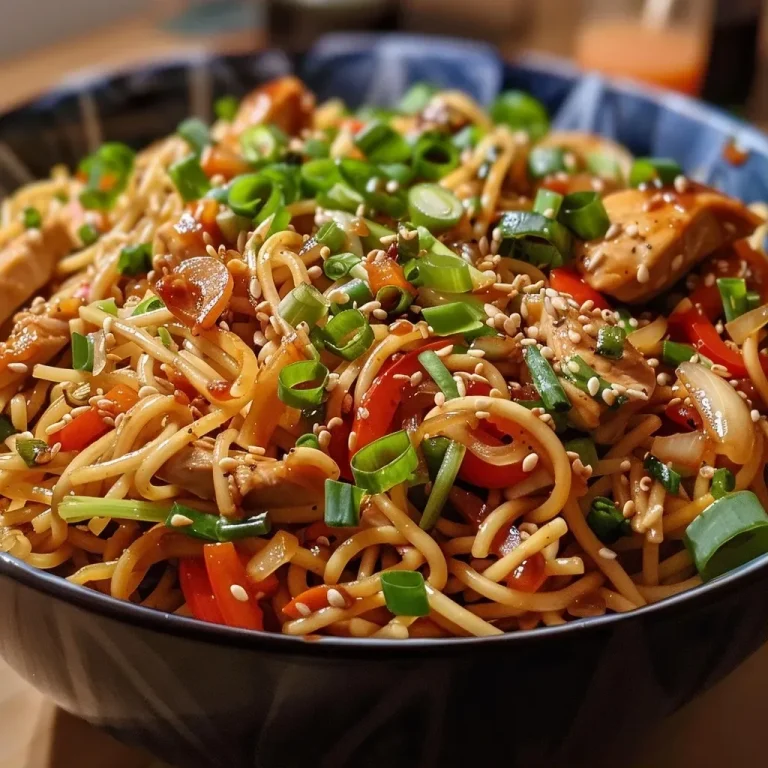 Close-up of a Chicken Noodle Stir Fry featuring sliced chicken, vegetables, and noodles.
