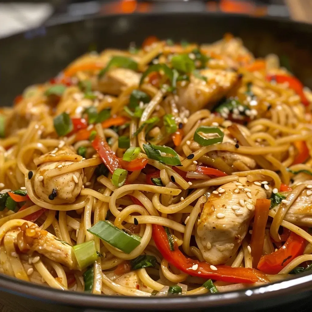 Side view of a colorful Chicken Noodle Stir Fry showcasing vibrant vegetables and tender chicken.