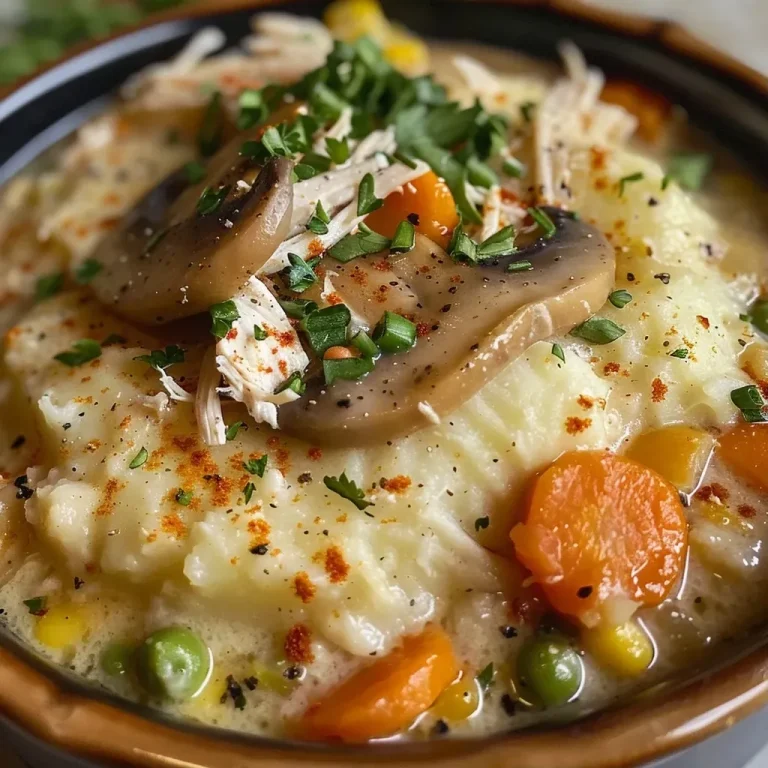 Heartwarming Chicken Pot Pie Soup: A Bowl of Comfort for Chilly Evenings Close-up view of a creamy Chicken Pot Pie Soup with chunks of chicken and vegetables.