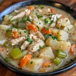 A close-up view of Chicken Pot Pie Soup showcasing chunks of chicken, vegetables, and creamy broth.