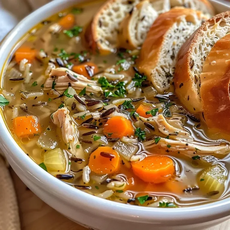 Nourishing Chicken & Wild Rice Soup That Warms the Heart A close-up side view of a bowl filled with Chicken & Wild Rice Soup, showcasing vibrant vegetables and herbs.