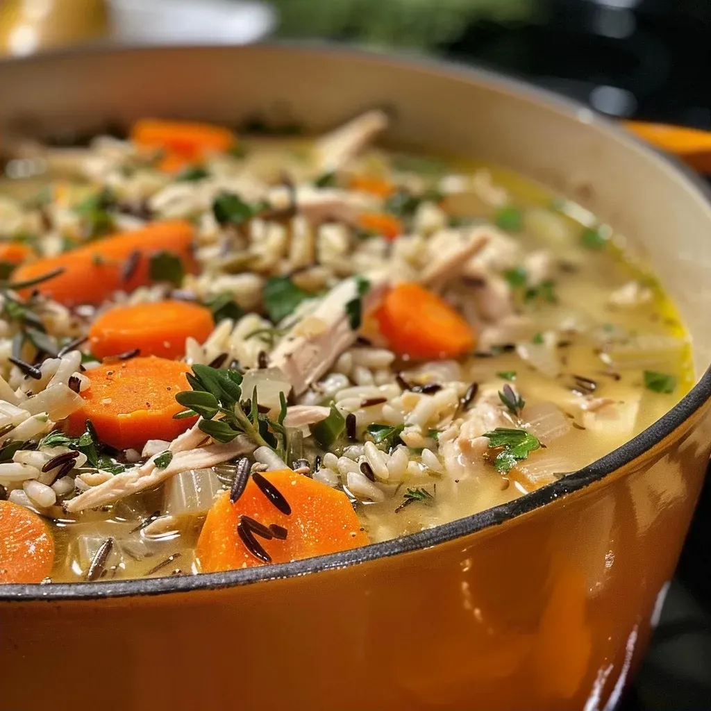 A detailed image of Chicken & Wild Rice Soup, featuring chunks of chicken, wild rice, and colorful diced vegetables in a creamy broth.