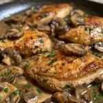 A close-up side view of a plate of Classic Chicken Marsala with creamy mushroom sauce and herbs.
