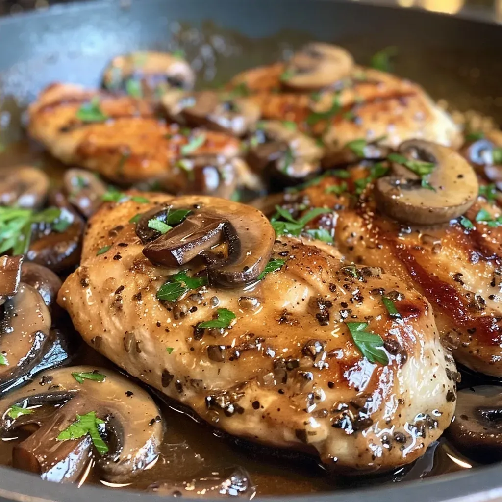 Juicy chicken breasts served in a rich mushroom sauce, garnished with fresh parsley and thyme.