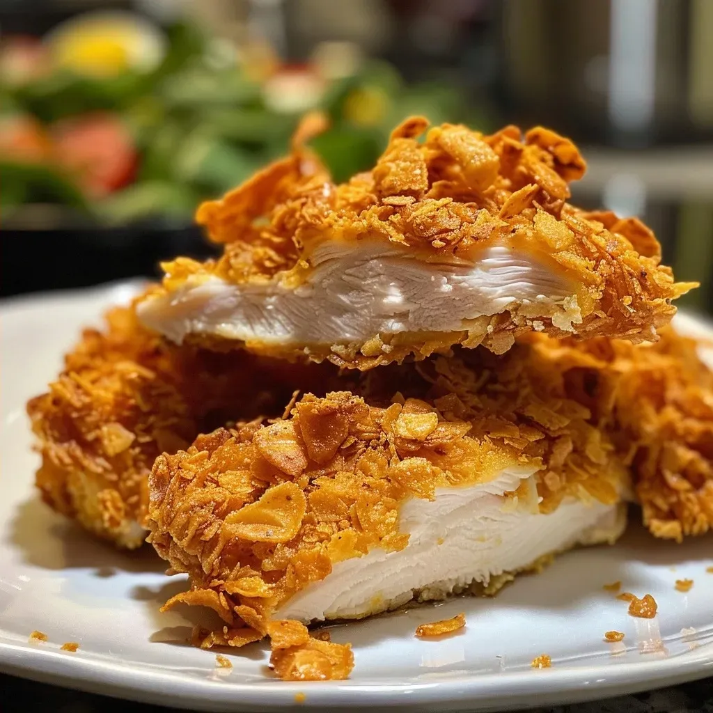 Juicy baked chicken breasts crusted with crushed cornflakes, garnished.