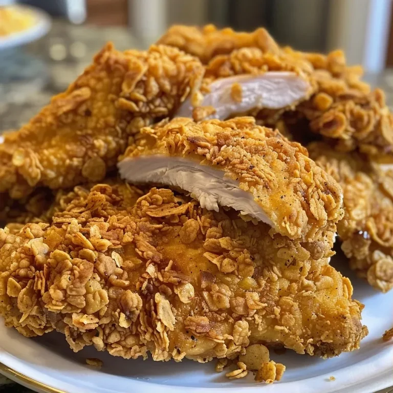 Close-up image of juicy Cornflake Fried Chicken strips with a golden crust.