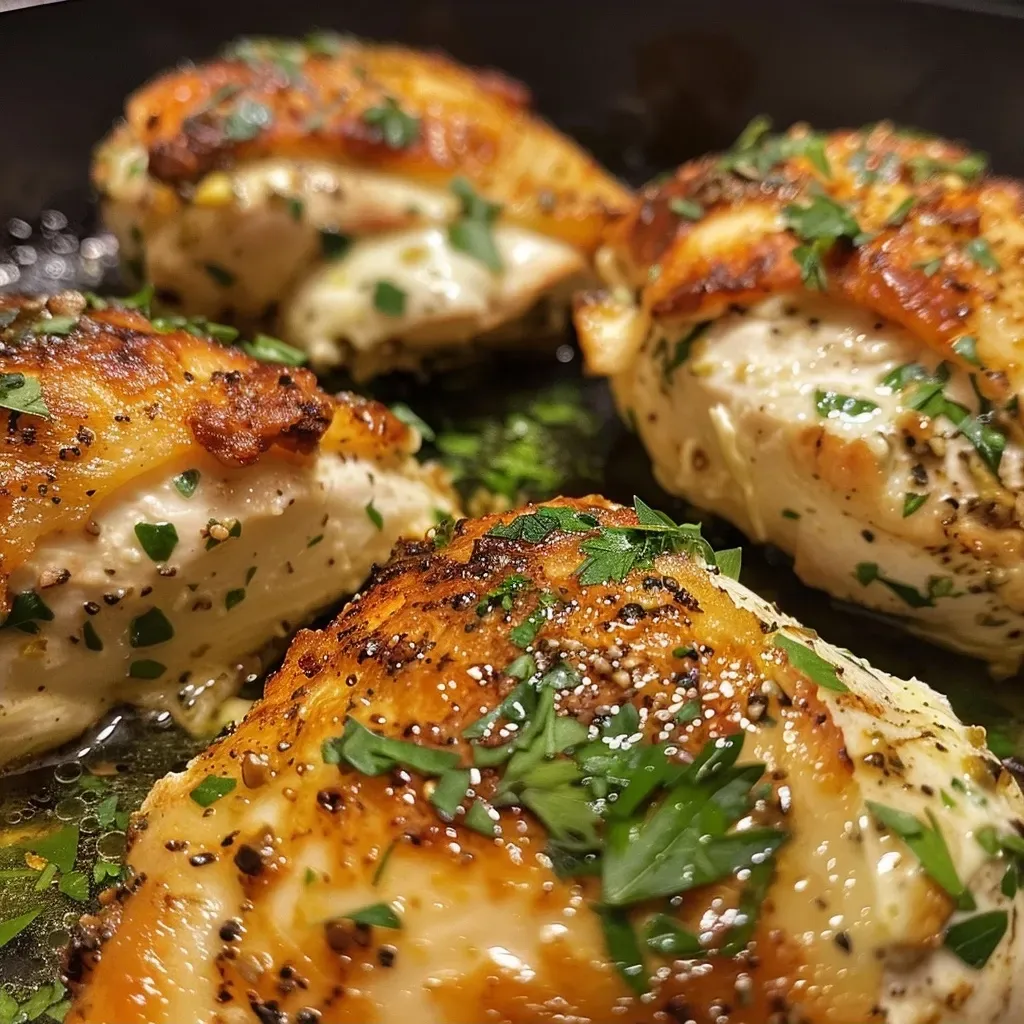 Close-up of a sliced chicken breast revealing cream cheese filling and herbs.