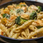 Close-up of creamy chicken and broccoli pumpkin Alfredo pasta in a bowl.