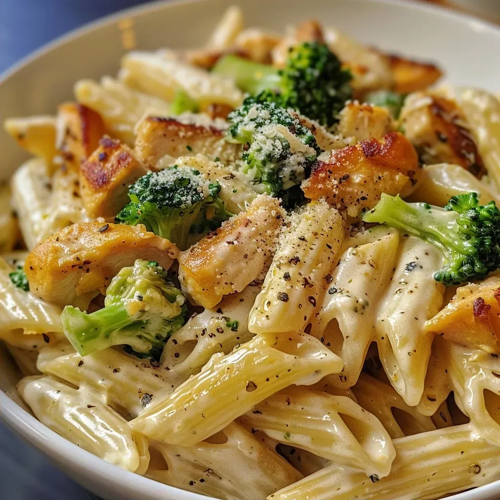 Side view of a delicious dish featuring creamy Alfredo sauce with chicken and broccoli.