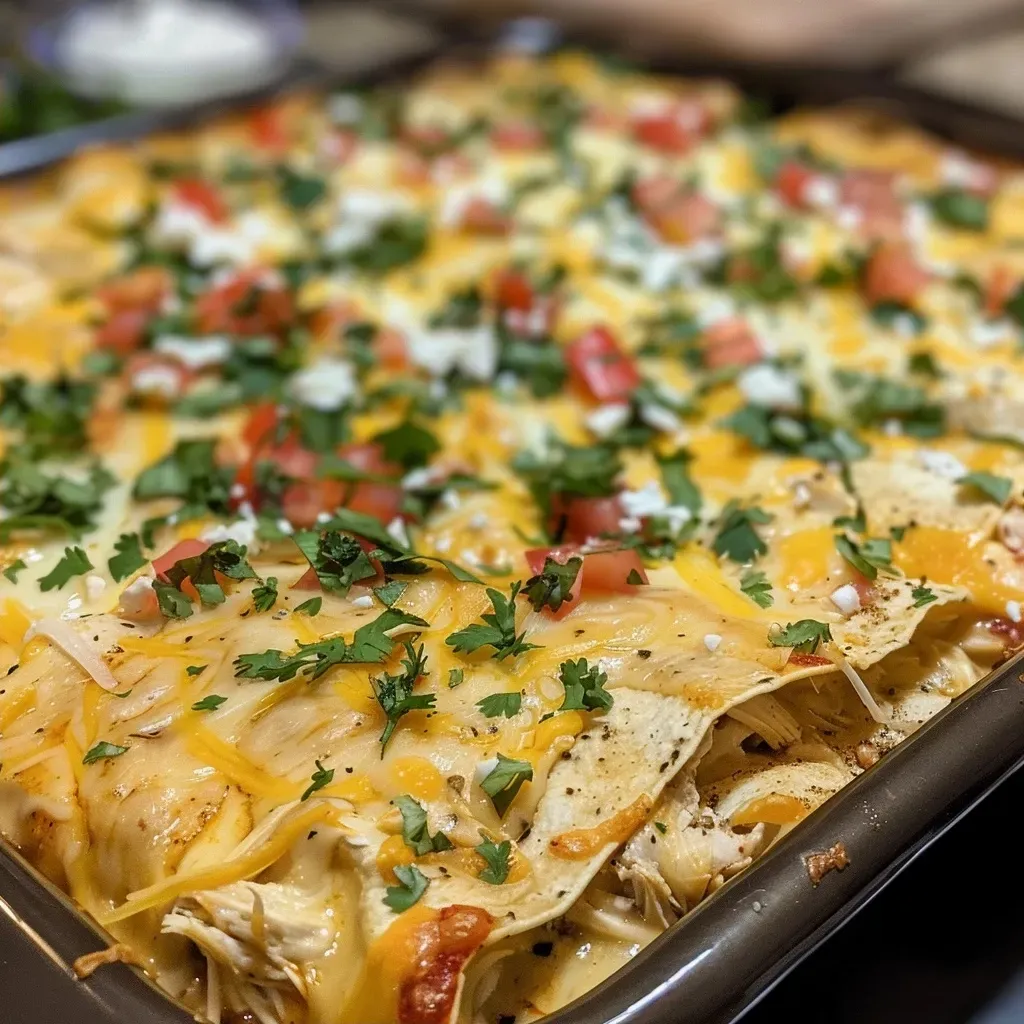 Juicy chicken enchilada casserole layered with tortillas and topped with a golden cheese crust.