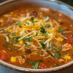 A close-up view of a bowl filled with creamy chicken tortilla soup, showing colorful ingredients.