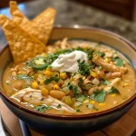 Close-up view of creamy white chicken chili with toppings.