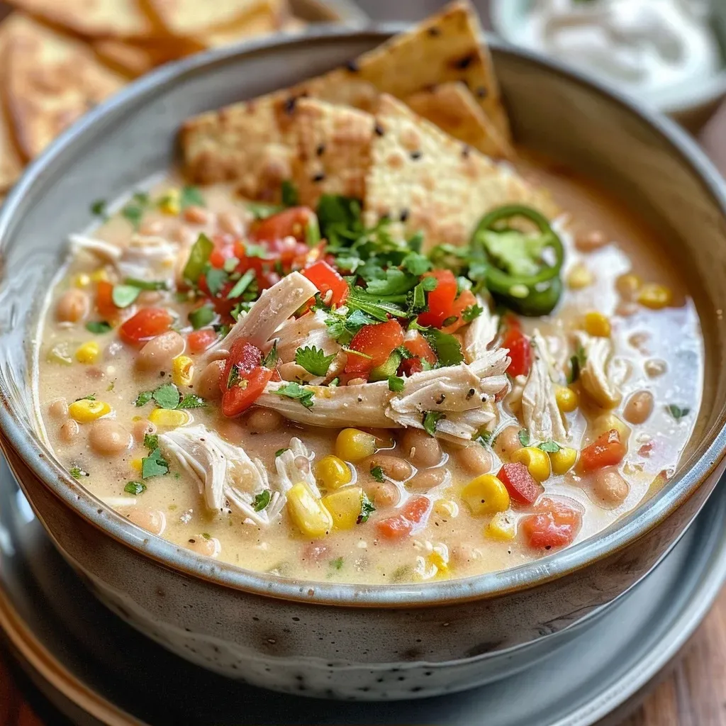 Side view of a bowl filled with white chicken chili and garnishes.