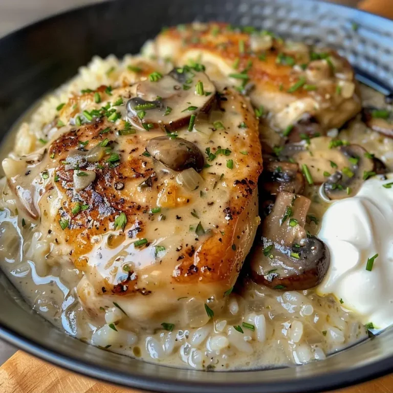 Close-up view of creamy mushroom chicken and rice dish, showcasing juicy chicken thighs and mushrooms.