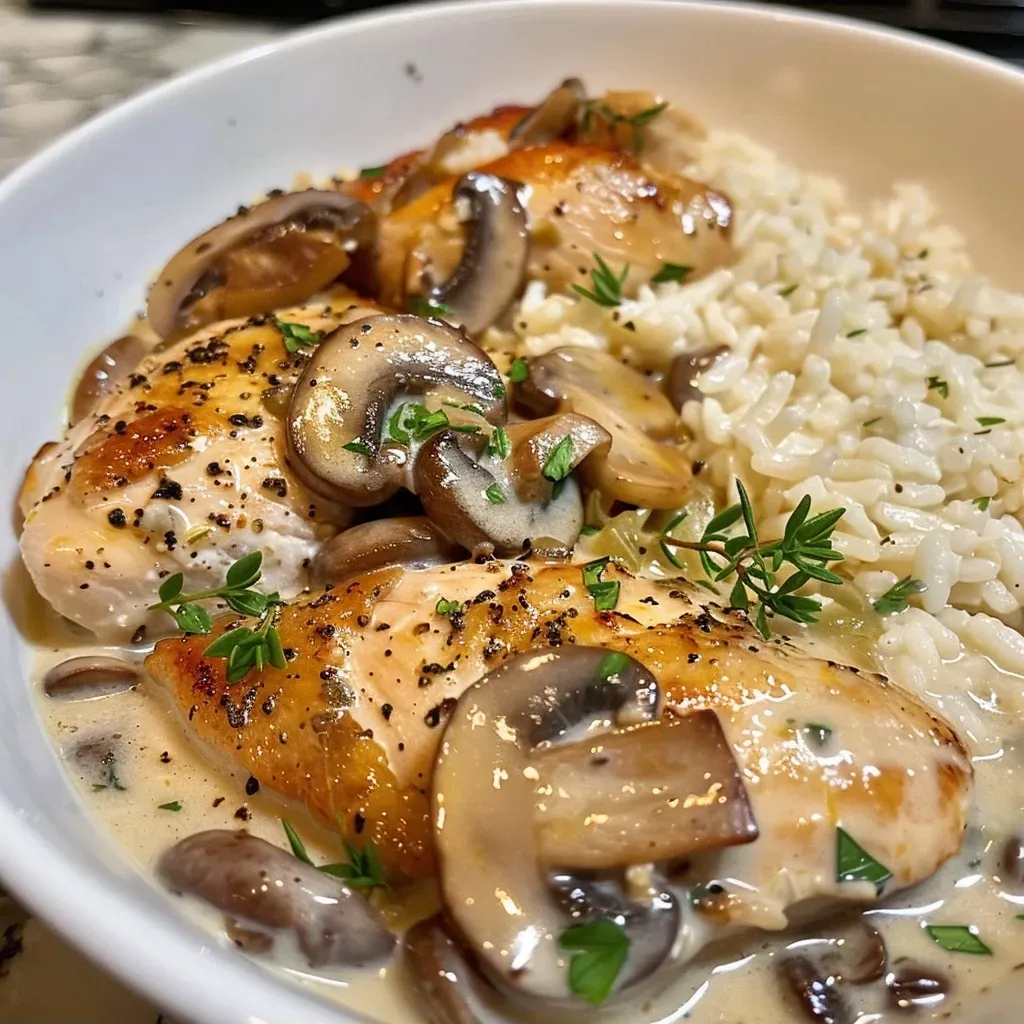 Side angle of a plated creamy mushroom chicken and rice, highlighting the textures of the rice and sauce.