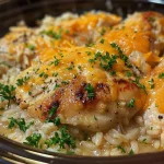 Close-up of Crock Pot Chicken and Rice, showcasing chicken pieces and rice with melted cheese on top.