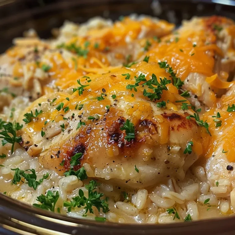 Close-up of Crock Pot Chicken and Rice, showcasing chicken pieces and rice with melted cheese on top.